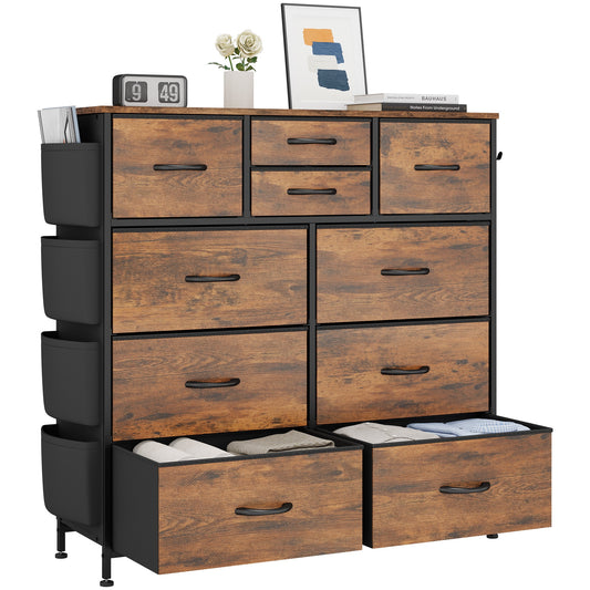 Dresser for Bedroom, Storage Organizer with 10 Drawers, Chest of Drawers with Fabric Bins, Sturdy Metal Frame, Wood Tabletop for Guest Room, Closet, Entryway,Brown
