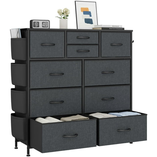 Dresser for Bedroom, Storage Organizer with 10 Drawers, Chest of Drawers with Fabric Bins, Sturdy Metal Frame, Wood Tabletop for Guest Room, Closet, Entryway, Grey