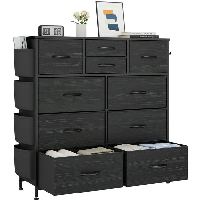 Dresser for Bedroom, Storage Organizer with 10 Drawers, Chest of Drawers with Fabric Bins, Sturdy Metal Frame, Wood Tabletop for Guest Room, Closet, Entryway, Black