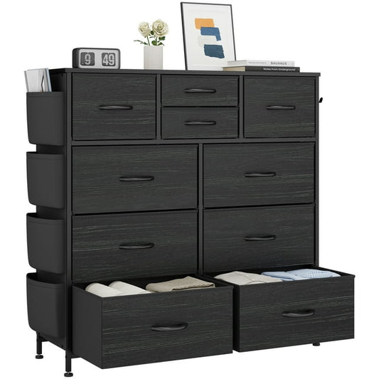 Dresser for Bedroom, Storage Organizer with 10 Drawers, Chest of Drawers with Fabric Bins, Sturdy Metal Frame, Wood Tabletop for Guest Room, Closet, Entryway, Black