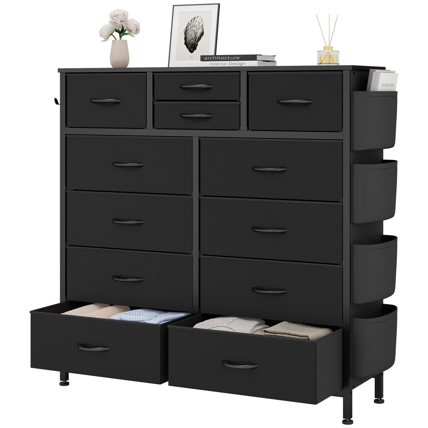 Dresser with 12 Fabric Drawer Stand Desktop Storage Cabinet for Bedroom Organization, Dorm, Front Hall Entryway, Black PU