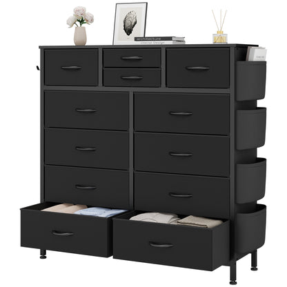 Dresser with 12 Fabric Drawer Stand Desktop Storage Cabinet for Bedroom Organization, Dorm, Front Hall Entryway, Black PU