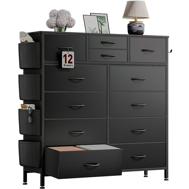 Dresser with 12 Fabric Drawer Stand Desktop Storage Cabinet for Bedroom Organization, Dorm, Front Hall Entryway, Black PU