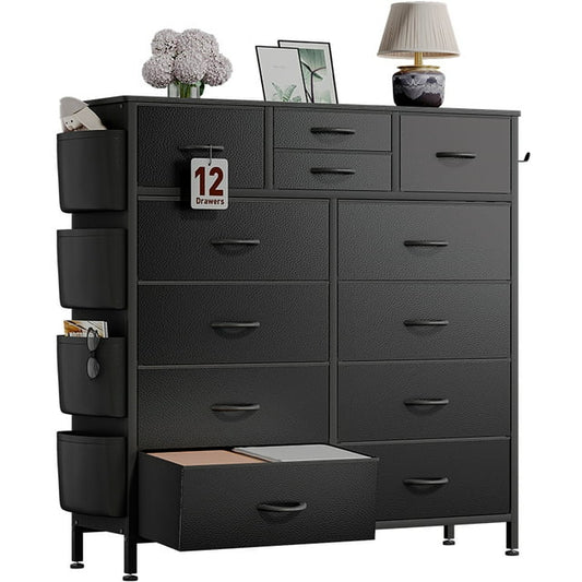 Dresser with 12 Fabric Drawer Stand Desktop Storage Cabinet for Bedroom Organization, Dorm, Front Hall Entryway, Black PU