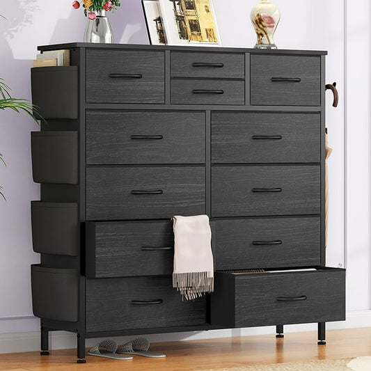 Dresser with 12 Fabric Drawer Stand Desktop Storage Cabinet for Bedroom Organization, Dorm, Front Hall Entryway, Black