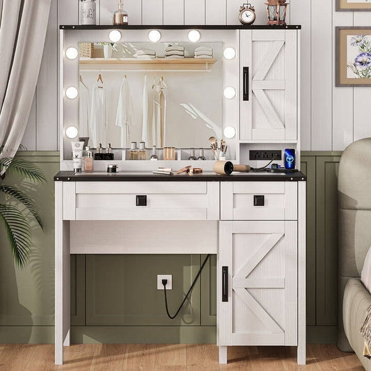 LainTene Farmhouse Vanity Desk with LED Mirror & Charging Station – Makeup Vanity Set with Glass Top, 2 Drawers & Storage Shelves, Rustic White Dressing Table
