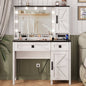 LainTene Farmhouse Vanity Desk with LED Mirror & Charging Station – Makeup Vanity Set with Glass Top, 2 Drawers & Storage Shelves, Rustic White Dressing Table