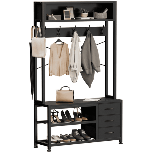 Industrial Hall Tree with Bench – 5-in-1 Entryway Organizer with 7 Hooks, 3 Drawers & Shoe Storage, Heavy-Duty Coat Rack for Hallway, Living Room, Black