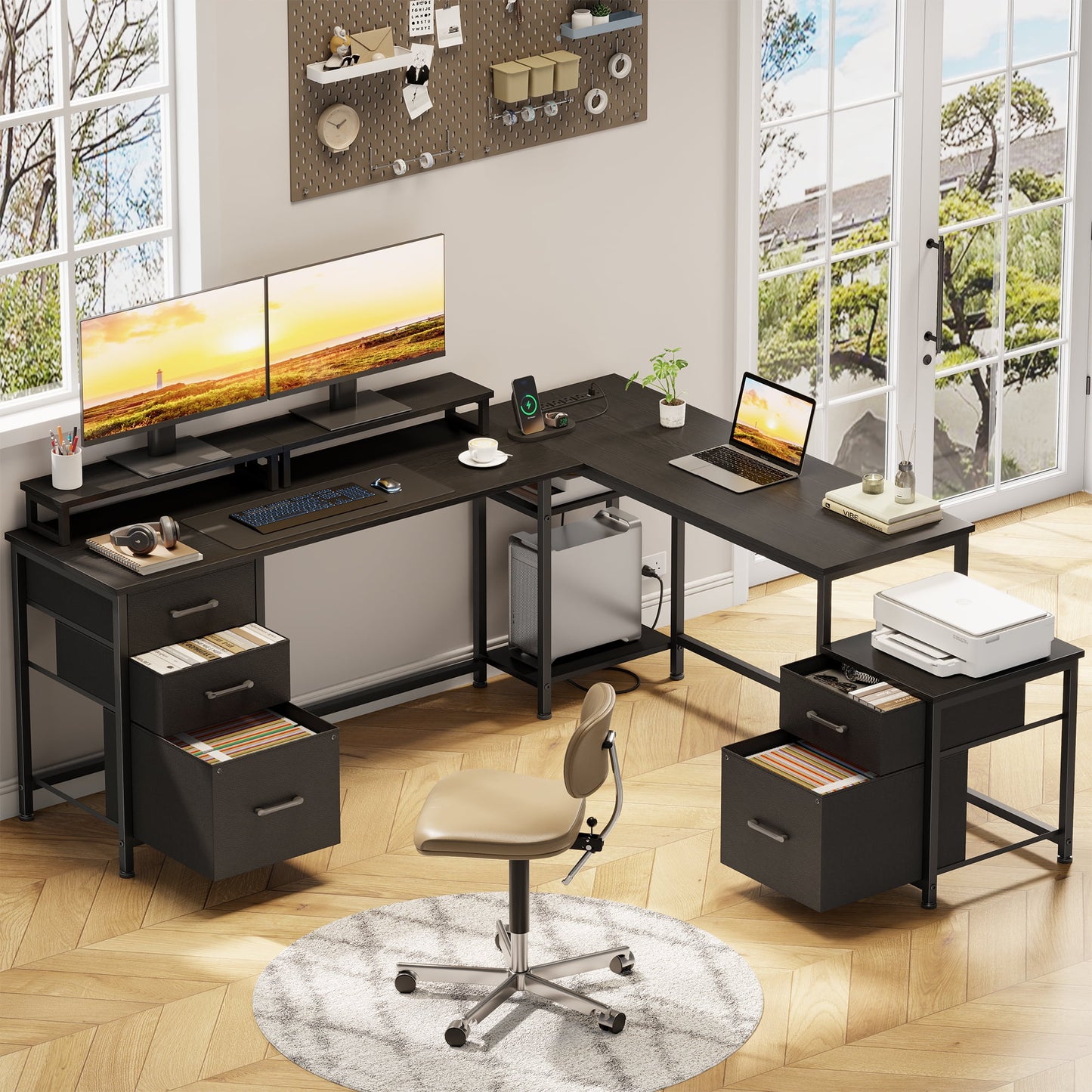 LainTene 110" L-Shaped Desk with 5Drawers & Power Outlets – Reversible Corner Computer Desk for Home Office, Gaming Desk with Storage Shelves, Monitor Stand & USB Charging Ports, Black