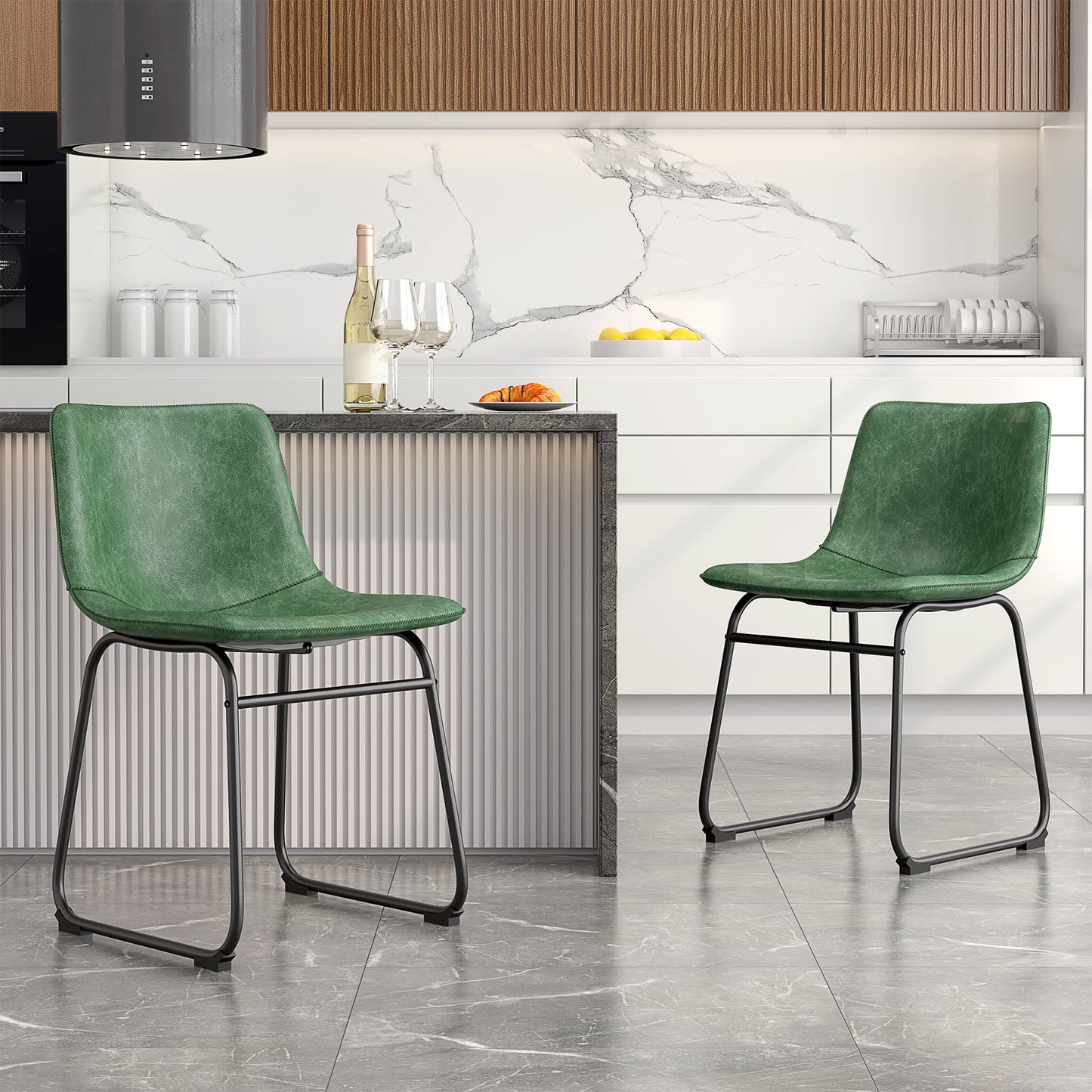 LainTene 18" PU Leather Dining Chairs Set of 2 – Modern Counter Height Kitchen & Bar Stools with Ergonomic Back, Steel Frame & Non-Slip Feet for Home, Café, Restaurant, Green