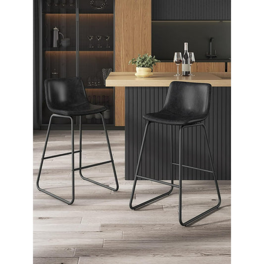 LainTene 26" Bar Stools Set of 2 – Faux Leather Counter Height Stools with Backrest & Footrest, Heavy-Duty Metal Frame for Kitchen, Bar, Living Room, Black