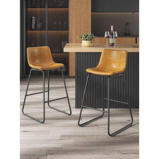 LainTene 26" Bar Stools Set of 2 – Faux Leather Counter Height Stools with Backrest & Footrest, Heavy-Duty Metal Frame for Kitchen, Bar, Living Room, Brown