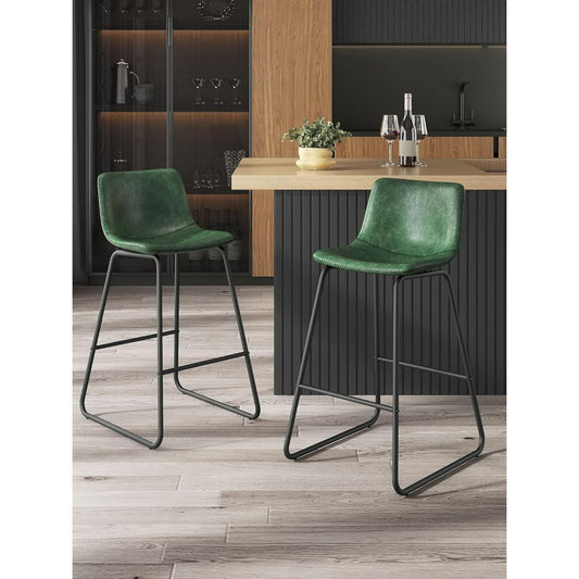 LainTene 26" Bar Stools Set of 2 – Faux Leather Counter Height Stools with Backrest & Footrest, Heavy-Duty Metal Frame for Kitchen, Bar, Living Room, Green