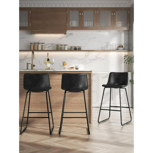 LainTene 26" Bar Stools Set of 3 – Faux Leather Counter Height Stools with Backrest & Footrest, Heavy-Duty Metal Frame for Kitchen, Bar, Living Room, Black