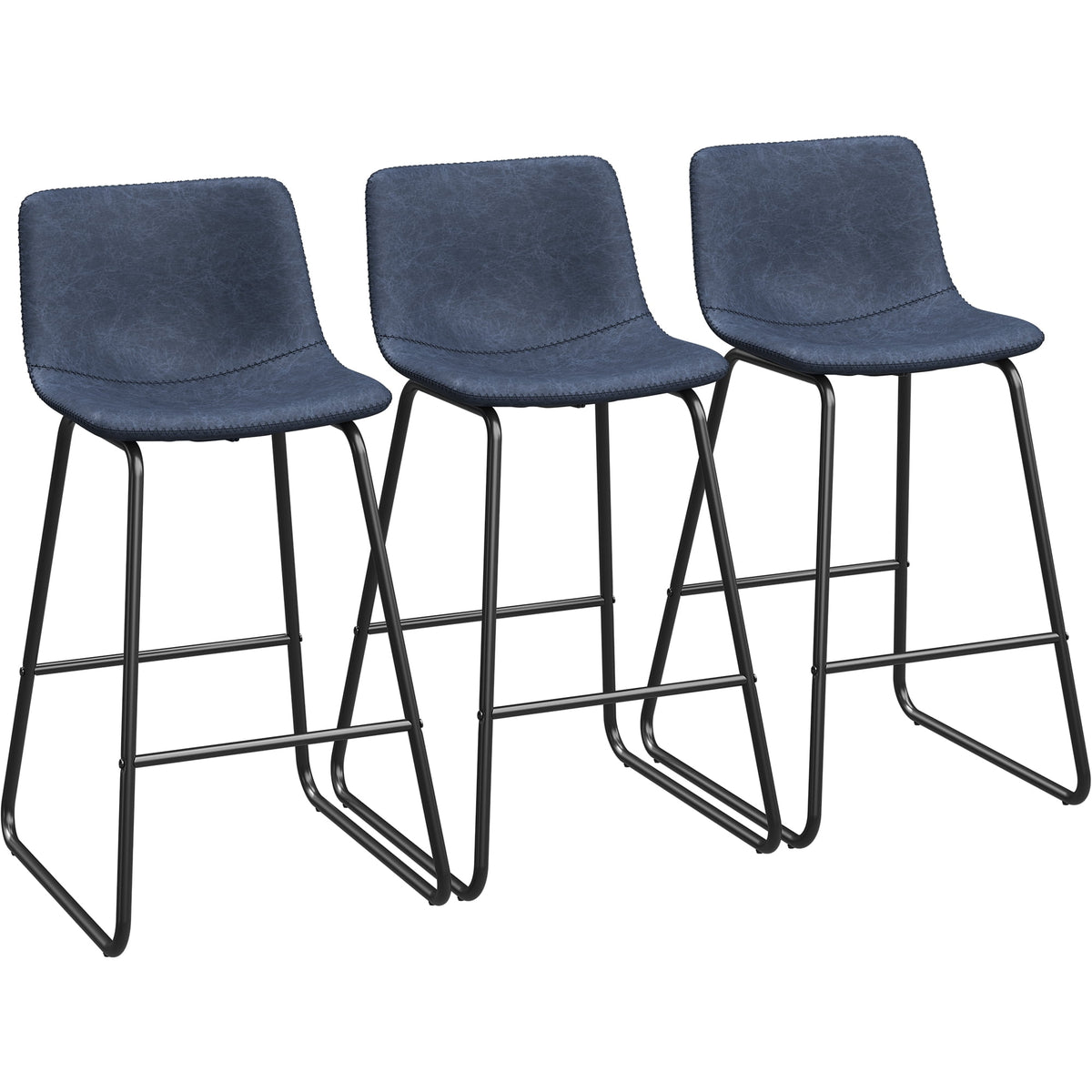 LainTene 26" Bar Stools Set of 3 – Faux Leather Counter Height Stools with Backrest & Footrest, Heavy-Duty Metal Frame for Kitchen, Bar, Living Room, Blue