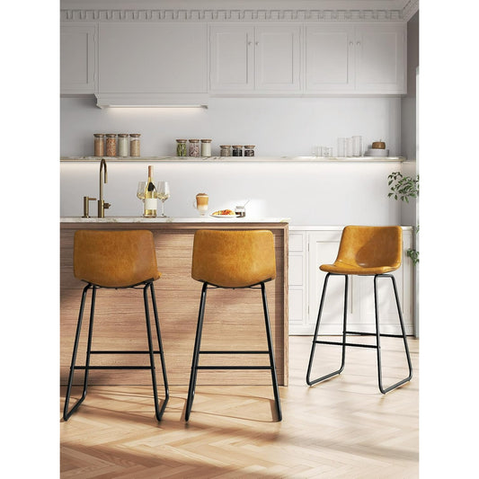 LainTene 26" Bar Stools Set of 3 – Faux Leather Counter Height Stools with Backrest & Footrest, Heavy-Duty Metal Frame for Kitchen, Bar, Living Room, Brown