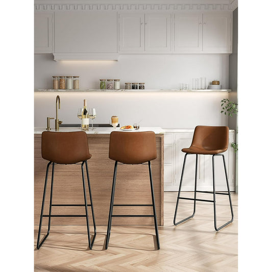 LainTene 26" Bar Stools Set of 3 – Faux Leather Counter Height Stools with Backrest & Footrest, Heavy-Duty Metal Frame for Kitchen, Bar, Living Room, Dark Brown