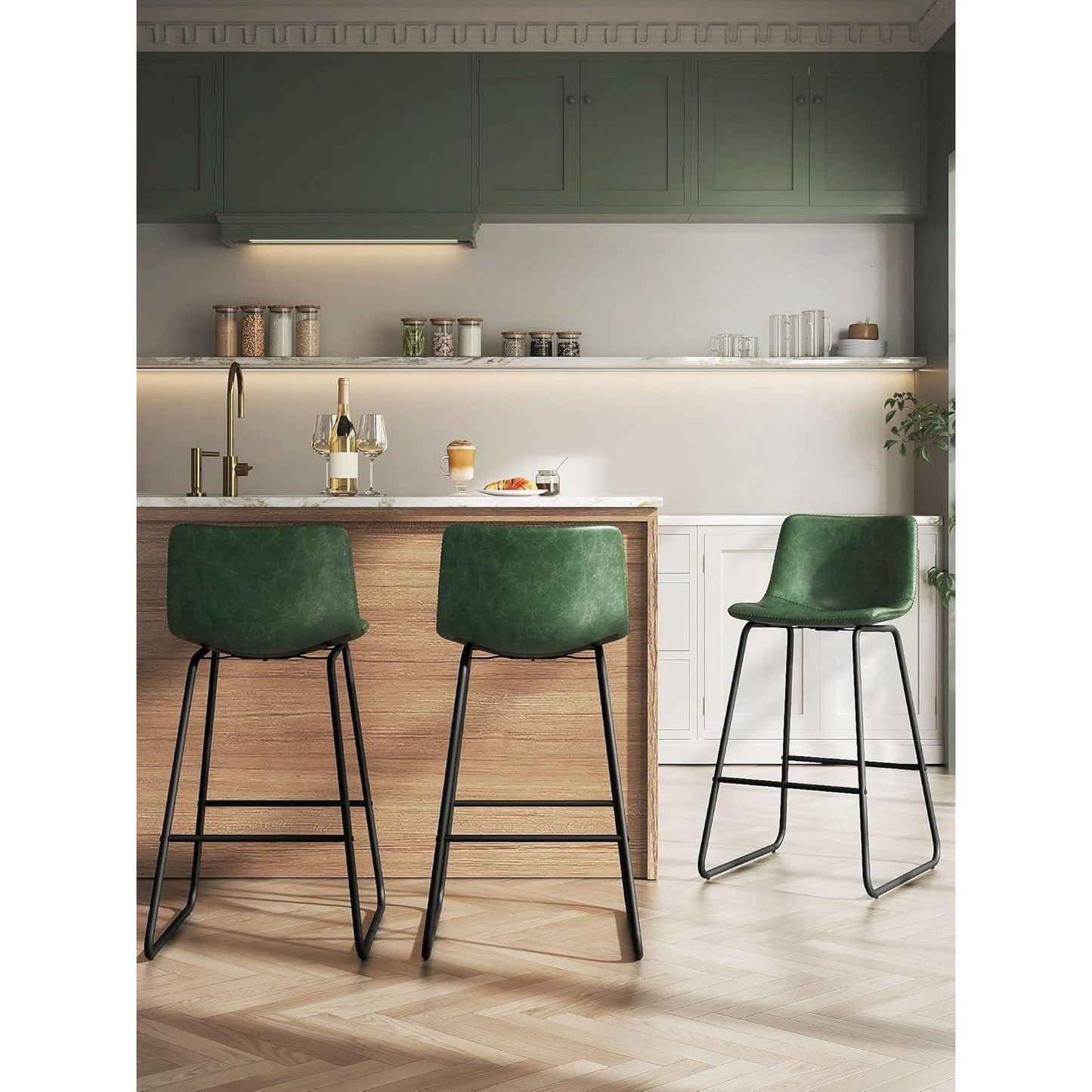 LainTene 26" Bar Stools Set of 3 – Faux Leather Counter Height Stools with Backrest & Footrest, Heavy-Duty Metal Frame for Kitchen, Bar, Living Room, Green