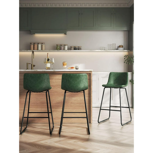 LainTene 26" Bar Stools Set of 3 – Faux Leather Counter Height Stools with Backrest & Footrest, Heavy-Duty Metal Frame for Kitchen, Bar, Living Room, Green