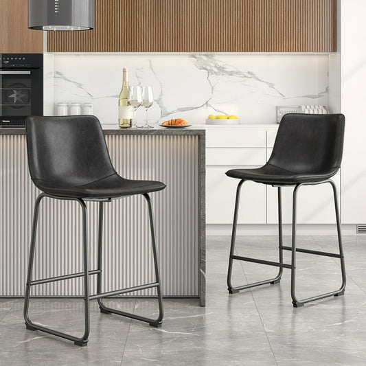 LainTene 26" PU Leather Bar Stools Set of 2 – Modern Counter Height Stools with Back, Footrest & Sturdy Metal Legs for Kitchen, Bar, Living Room, Black
