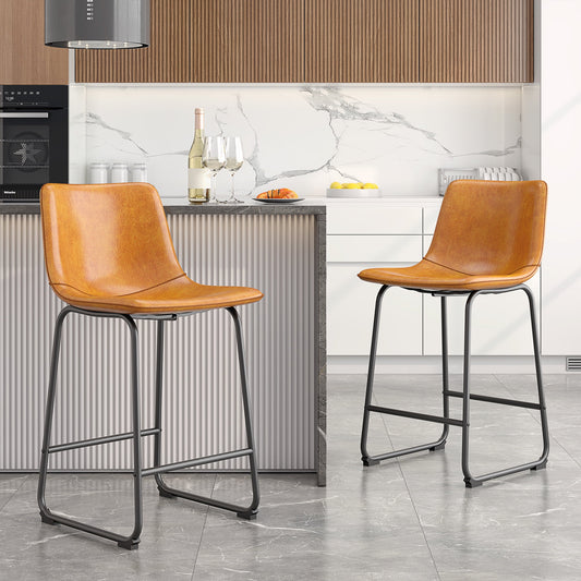 LainTene 26" PU Leather Bar Stools Set of 2 – Modern Counter Height Stools with Back, Footrest & Sturdy Metal Legs for Kitchen, Bar, Living Room, Brown