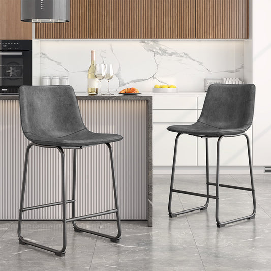 LainTene 26" PU Leather Bar Stools Set of 2 – Modern Counter Height Stools with Back, Footrest & Sturdy Metal Legs for Kitchen, Bar, Living Room, Gray