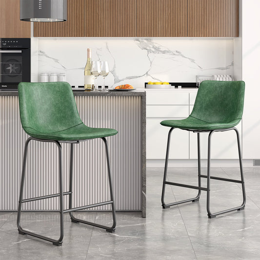 LainTene 26" PU Leather Bar Stools Set of 2 – Modern Counter Height Stools with Back, Footrest & Sturdy Metal Legs for Kitchen, Bar, Living Room, Green