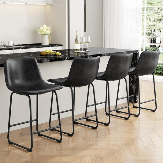 LainTene 26" PU Leather Bar Stools Set of 4 – Modern Counter Height Stools with Back, Footrest & Sturdy Metal Legs for Kitchen, Bar, Living Room, Black