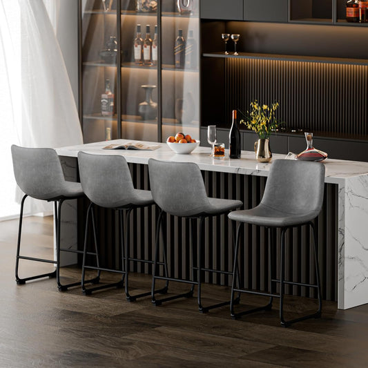 LainTene 26" PU Leather Bar Stools Set of 4 – Modern Counter Height Stools with Back, Footrest & Sturdy Metal Legs for Kitchen, Bar, Living Room, Gray