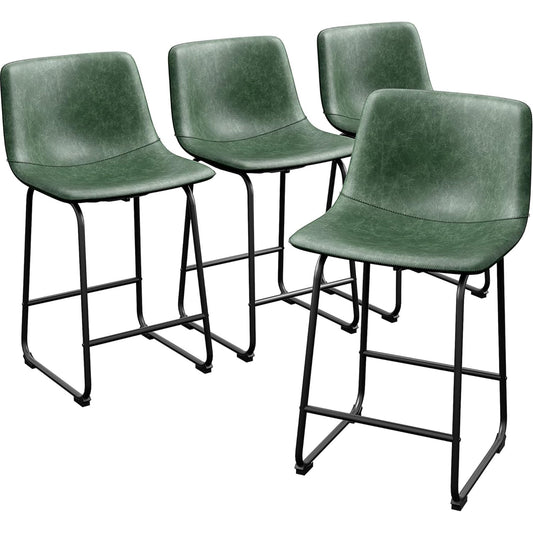 LainTene 26" PU Leather Bar Stools Set of 4 – Modern Counter Height Stools with Back, Footrest & Sturdy Metal Legs for Kitchen, Bar, Living Room, Green