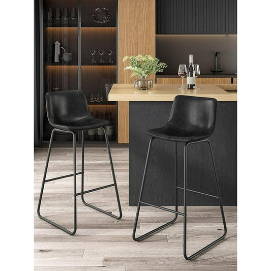 LainTene 30" Bar Stools Set of 2 – Faux Leather Counter Height Stools with Backrest & Footrest, Heavy-Duty Metal Frame for Kitchen, Bar, Living Room, Black
