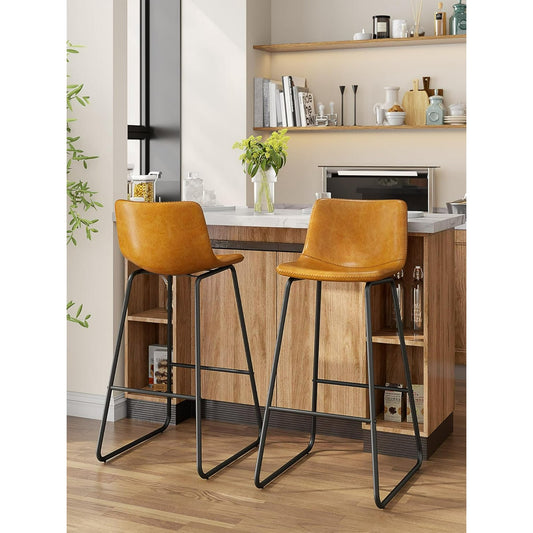 LainTene 30" Bar Stools Set of 2 – Faux Leather Counter Height Stools with Backrest & Footrest, Heavy-Duty Metal Frame for Kitchen, Bar, Living Room, Brown