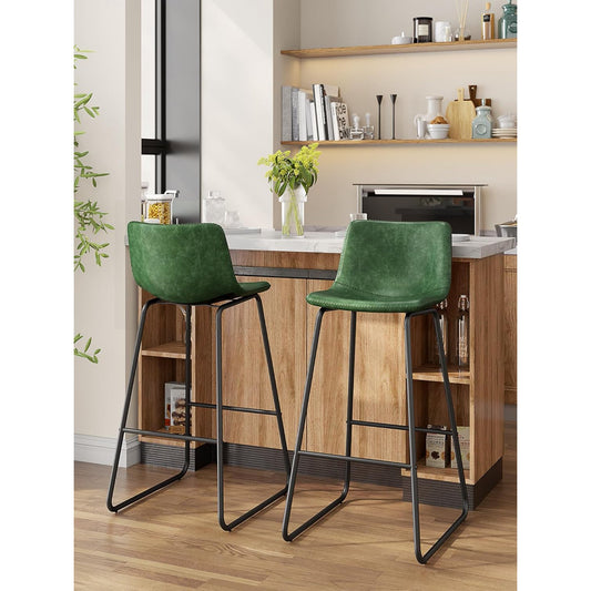 LainTene 30" Bar Stools Set of 2 – Faux Leather Counter Height Stools with Backrest & Footrest, Heavy-Duty Metal Frame for Kitchen, Bar, Living Room, Green