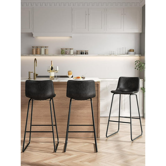 LainTene 30" Bar Stools Set of 3 – Faux Leather Counter Height Stools with Backrest & Footrest, Heavy-Duty Metal Frame for Kitchen, Bar, Living Room, Black