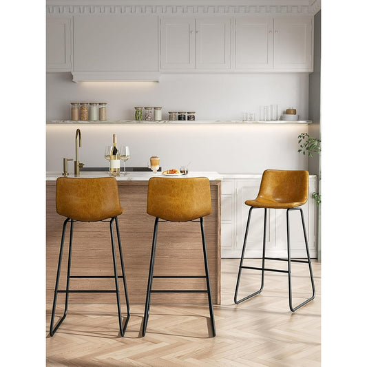 LainTene 30" Bar Stools Set of 3 – Faux Leather Counter Height Stools with Backrest & Footrest, Heavy-Duty Metal Frame for Kitchen, Bar, Living Room, Brown