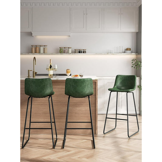 LainTene 30" Bar Stools Set of 3 – Faux Leather Counter Height Stools with Backrest & Footrest, Heavy-Duty Metal Frame for Kitchen, Bar, Living Room, Green