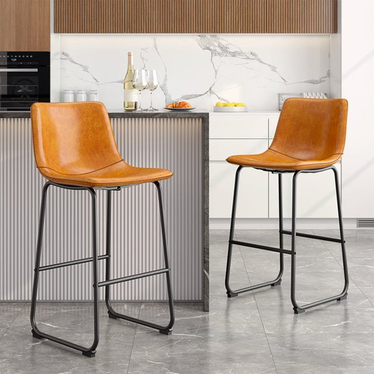 LainTene 30" PU Leather Bar Stools Set of 2 – Modern Counter Height Stools with Back, Footrest & Sturdy Metal Legs for Kitchen, Bar, Living Room, Brown