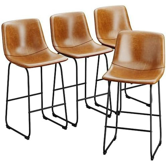 LainTene 30" PU Leather Bar Stools Set of 4 – Modern Counter Height Stools with Back, Footrest & Sturdy Metal Legs for Kitchen, Bar, Living Room, Brown