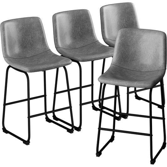 LainTene 30" PU Leather Bar Stools Set of 4 – Modern Counter Height Stools with Back, Footrest & Sturdy Metal Legs for Kitchen, Bar, Living Room, Gray