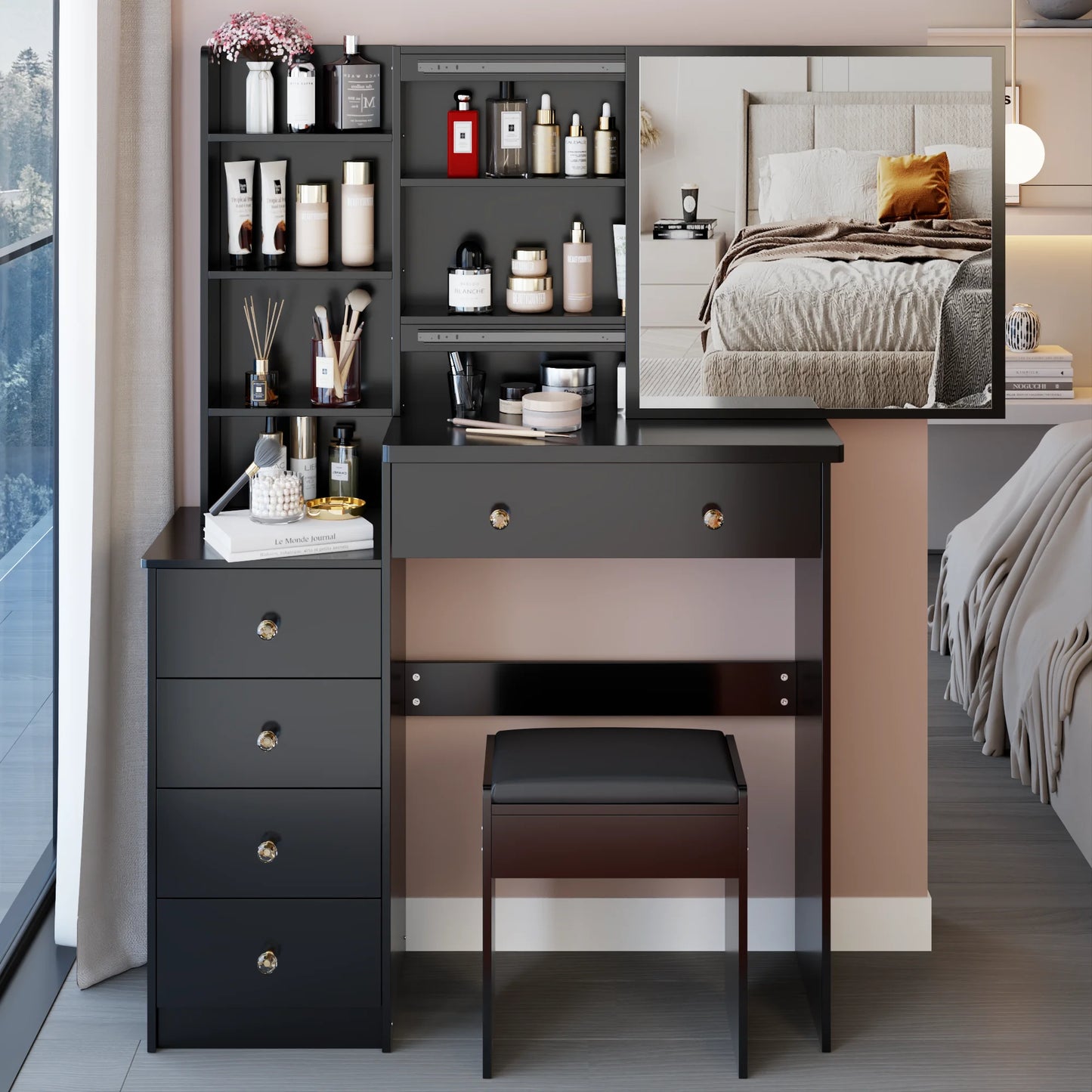 LainTene 37" Dressing Table Set with Sliding Mirror & Stool, Rustic Vanity Desk for Bedroom, Spacious Storage Drawers and Glass Top
