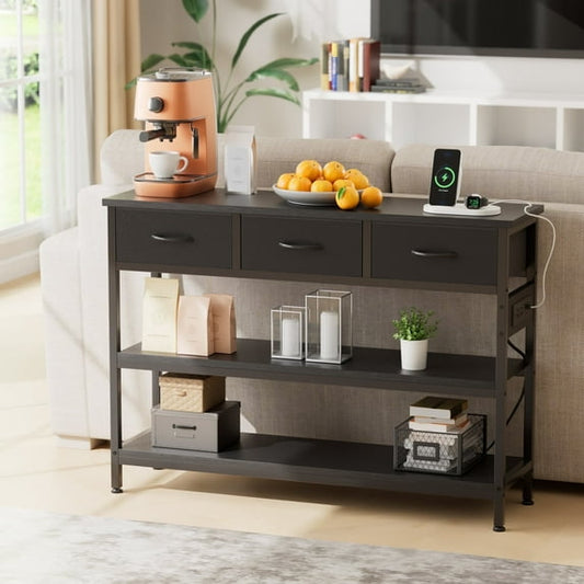 Valu4me 43.3" Console Table with Power Outlets & USB Ports, Narrow Sofa Table with 3 Fabric Drawers for Hallway, Foyer, Living Room, Black