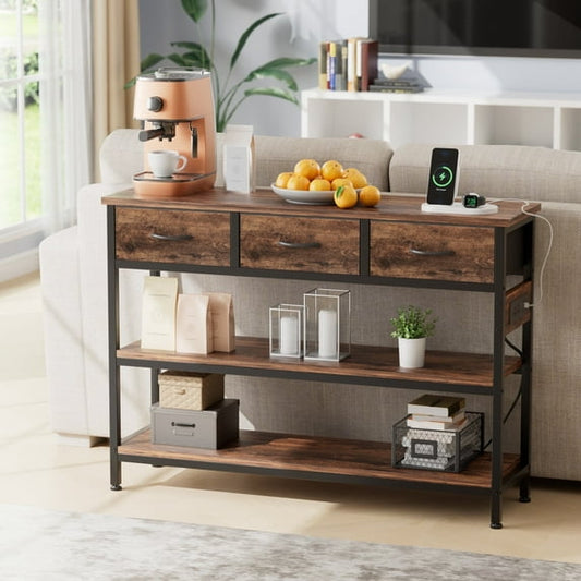 Valu4me 43.3" Console Table with Power Outlets & USB Ports, Narrow Sofa Table with 3 Fabric Drawers for Hallway, Foyer, Living Room, Rustic Brown
