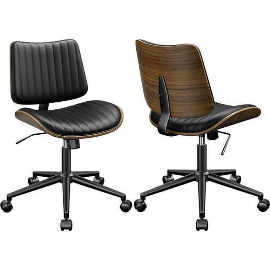 LainTene Armless Office Chairs with Wheels, Adjustable Swivel Task Chairs with Walnut Backrest, Lumbar Support & Lozenge Pattern, Modern Desk Chairs for Small Spaces, Home Office or Meeting Room