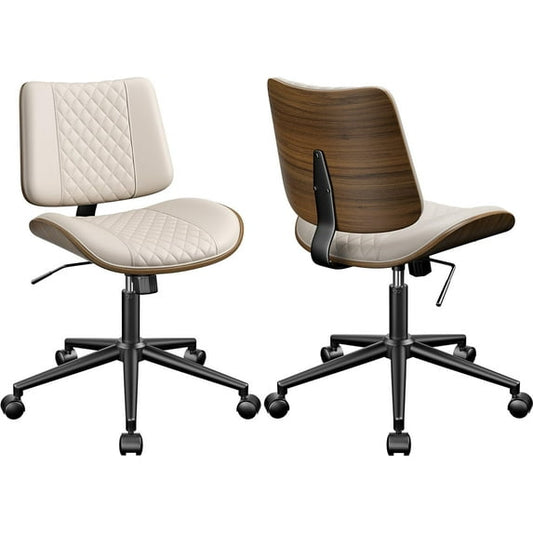 LainTene Armless Office Chairs with Wheels, Adjustable Swivel Task Chairs with Walnut Backrest, Lumbar Support & Lozenge Pattern, Modern Desk Chairs for Small Spaces, Home Office or Meeting Room