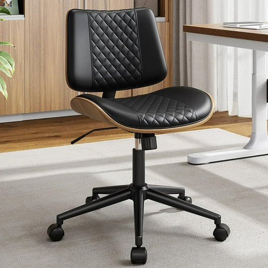 LainTene Armless Office Chairs with Wheels, Adjustable Swivel Task Chairs with Walnut Backrest, Lumbar Support & Lozenge Pattern, Modern Desk Chairs for Small Spaces, Home Office or Meeting Room
