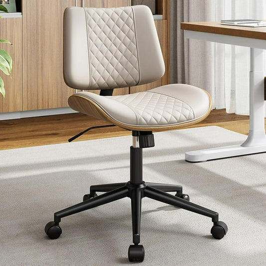 LainTene Armless Office Chairs with Wheels, Adjustable Swivel Task Chairs with Walnut Backrest, Lumbar Support & Lozenge Pattern, Modern Desk Chairs for Small Spaces, Home Office or Meeting Room