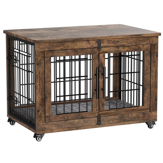 LainTene Dog Crate Furniture, Dog Kennels for Inside with Pads and Wheels, Heavy Duty Pet House for Small Medium Dogs, Browm