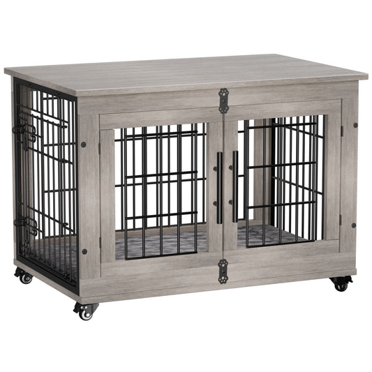 LainTene Dog Crate Furniture, Dog Kennels for Inside with Pads and Wheels, Heavy Duty Pet House for Small Medium Dogs, Gray