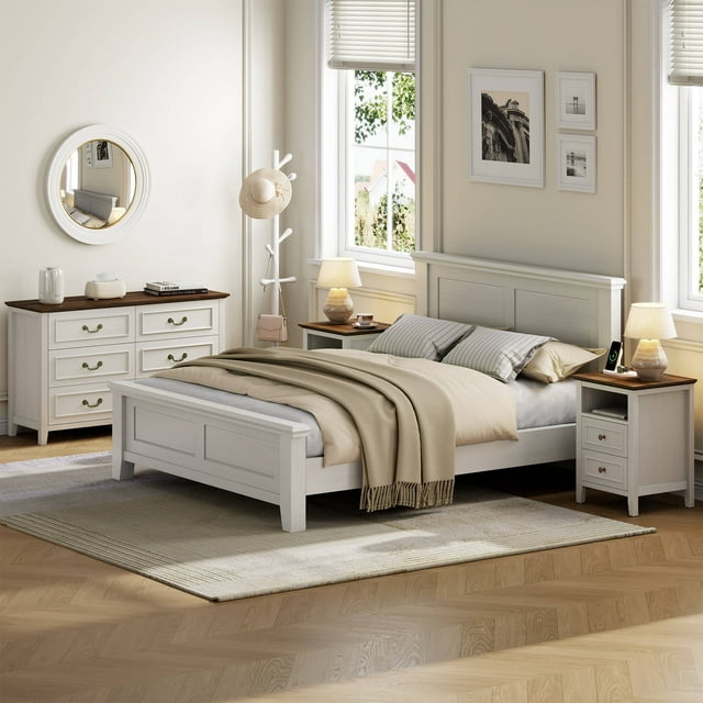 LainTene Farmhouse 3-Piece Dresser Set - 1x6-Drawer Storage Dresser & 2x Nightstands with USB Ports, Solid Wood Vintage Bedroom Furniture, Oak White