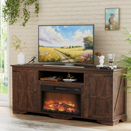 Laintene TV Stand with Fireplace for 65" TV, Electric Fireplace Entertainment Center with Storage Cabinets & Adjustable Shelves, 1400W Heater Farmhouse TV Stand for Living Room, Brown